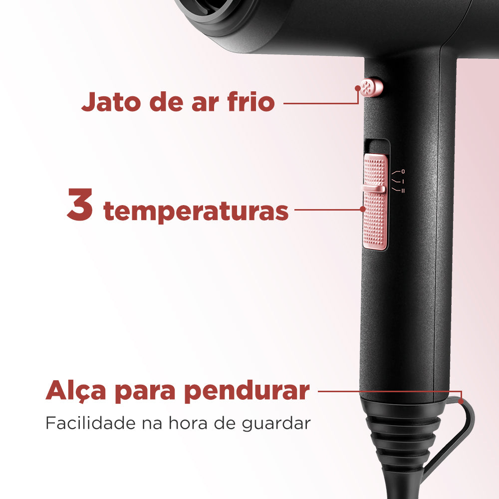 Secador de Cabelo Mondial Turbo SC-38 Preto e Rosa 1900w