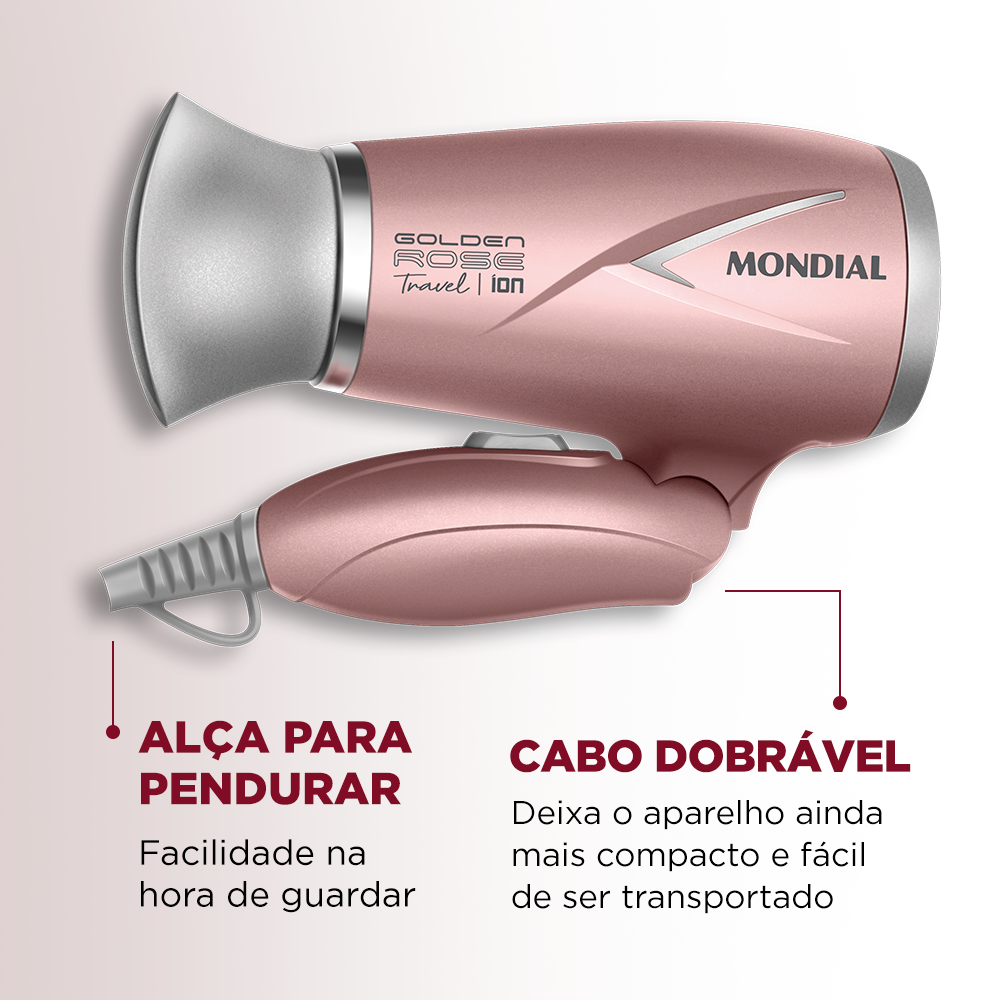 Secador de Cabelo Rose Golden Mondial Potência 1200w Bivolt